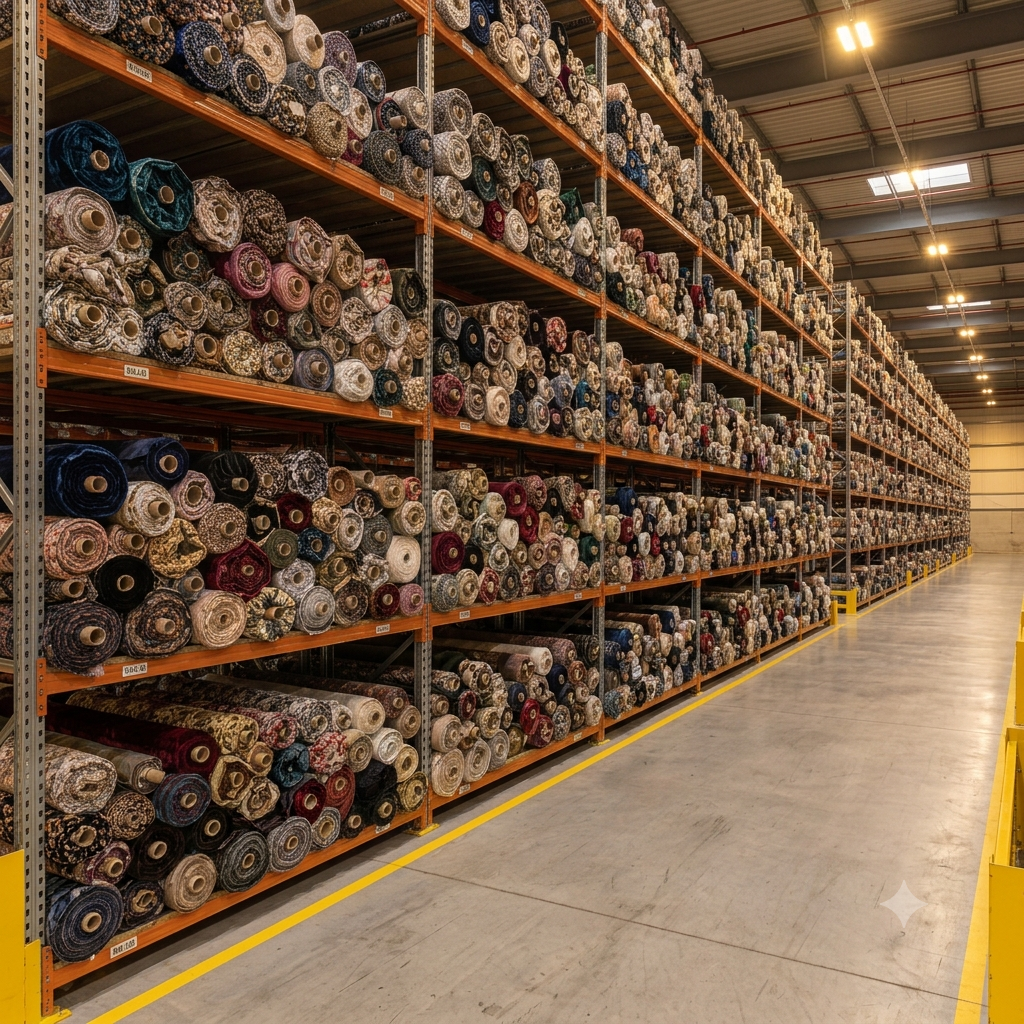 Rolls of fabric in the warehouse